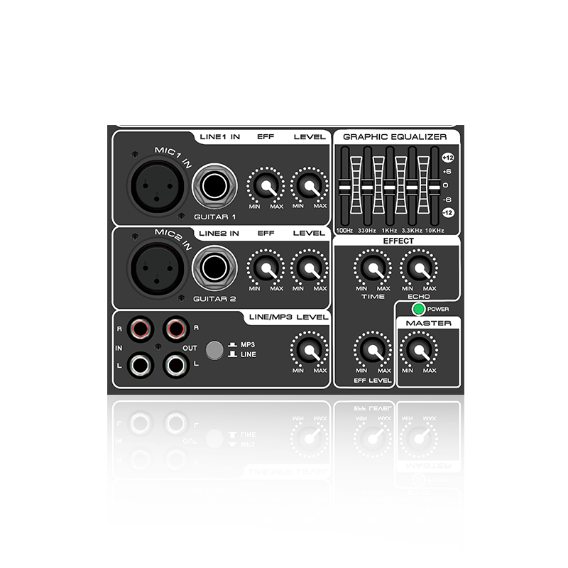 PL3: 5-bånds grafisk equalizer og mikrofoneffekt horisontal analog funksjonsmodul for klasse AB-forsterker